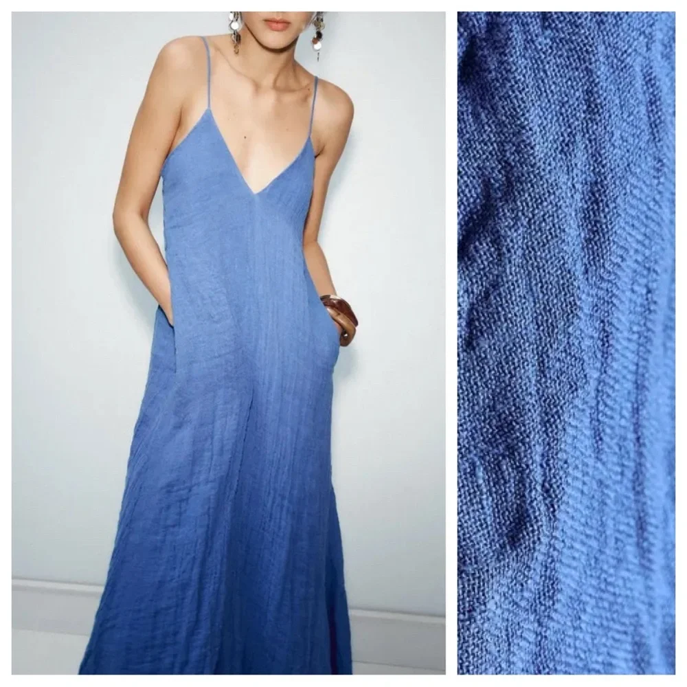 NWT Zara Blue Strappy V-Neck Midi Dress